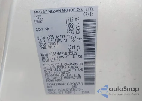 2014 Nissan Pathfinder Platinum/S/Sl/Sv z USA, uszkodzony, nr VIN 5N1AR2MN0ECU09831